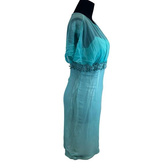 Vintage 1960s turquoise formal dress with floral trim and flutter sleeves. AS IS - Picture 7 of 14